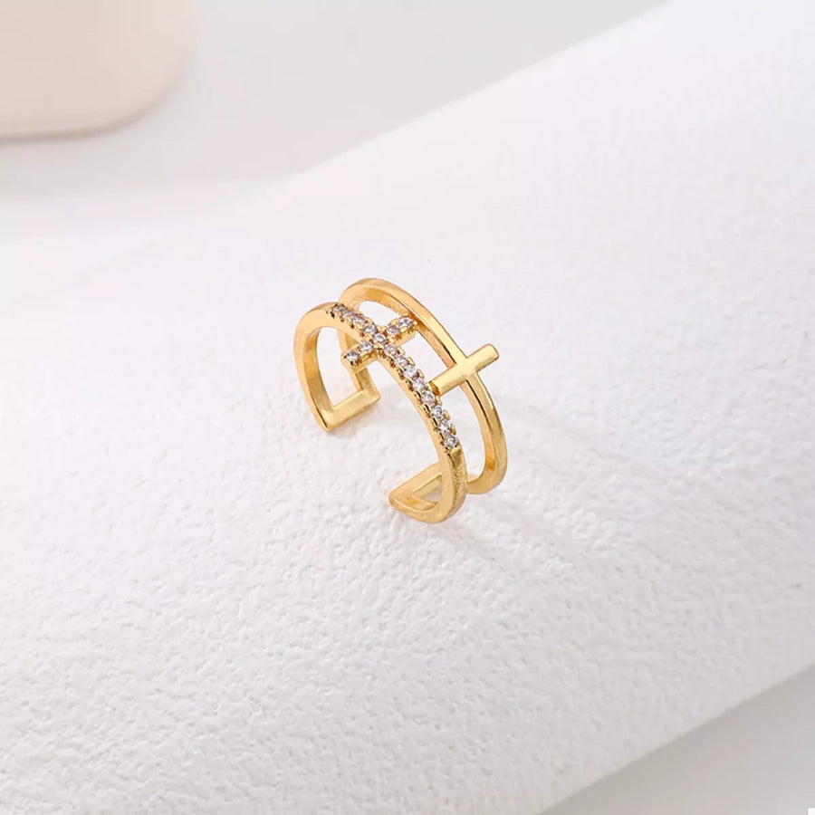 Golden rhinestone cross open ring with double band design