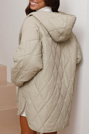 Beige diamond quilted hooded snap jacket with side slits