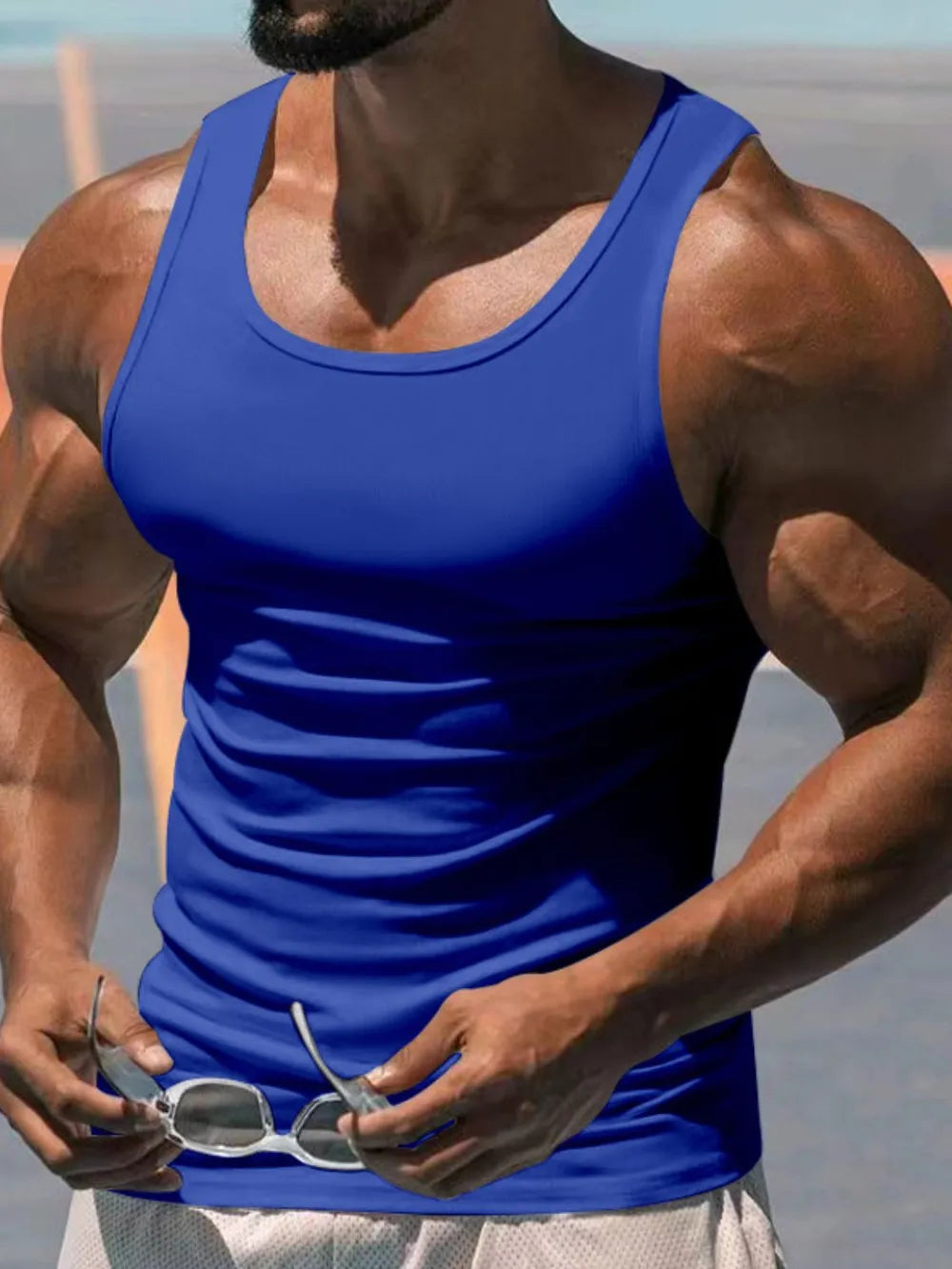 Royal blue sculpted scoop neck tank top with a ribbed texture.