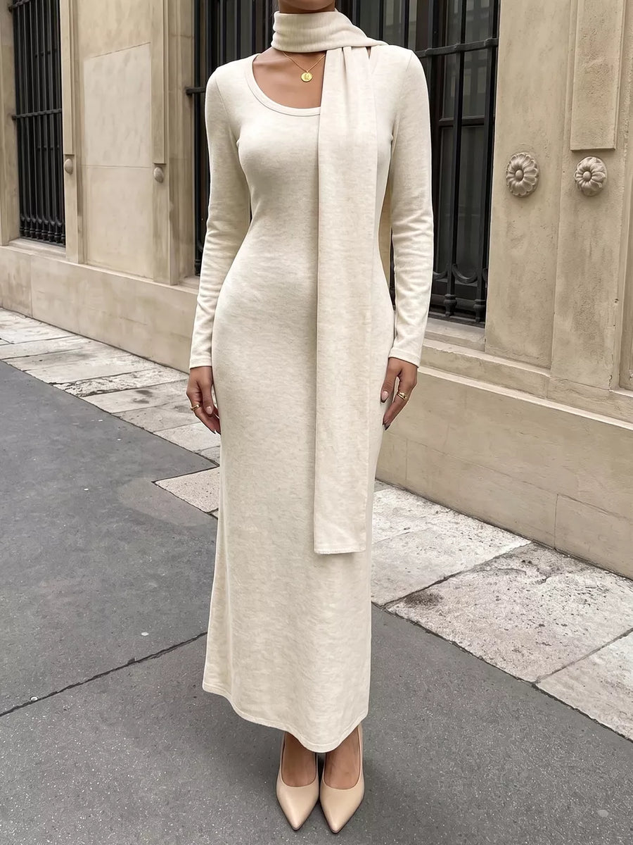 ivory maxi dress with matching scarf and long sleeve