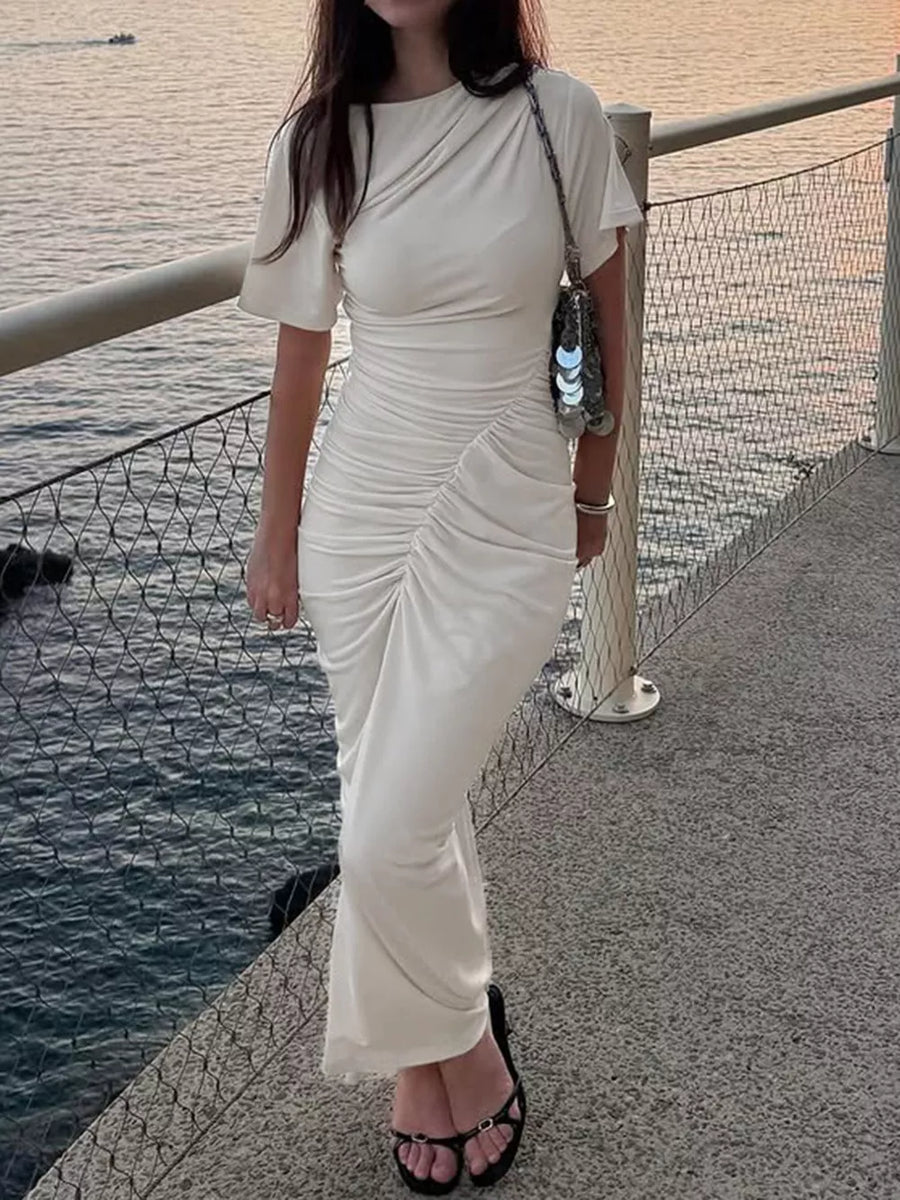 Apricot with Ruched Short Sleeve Maxi Dress
