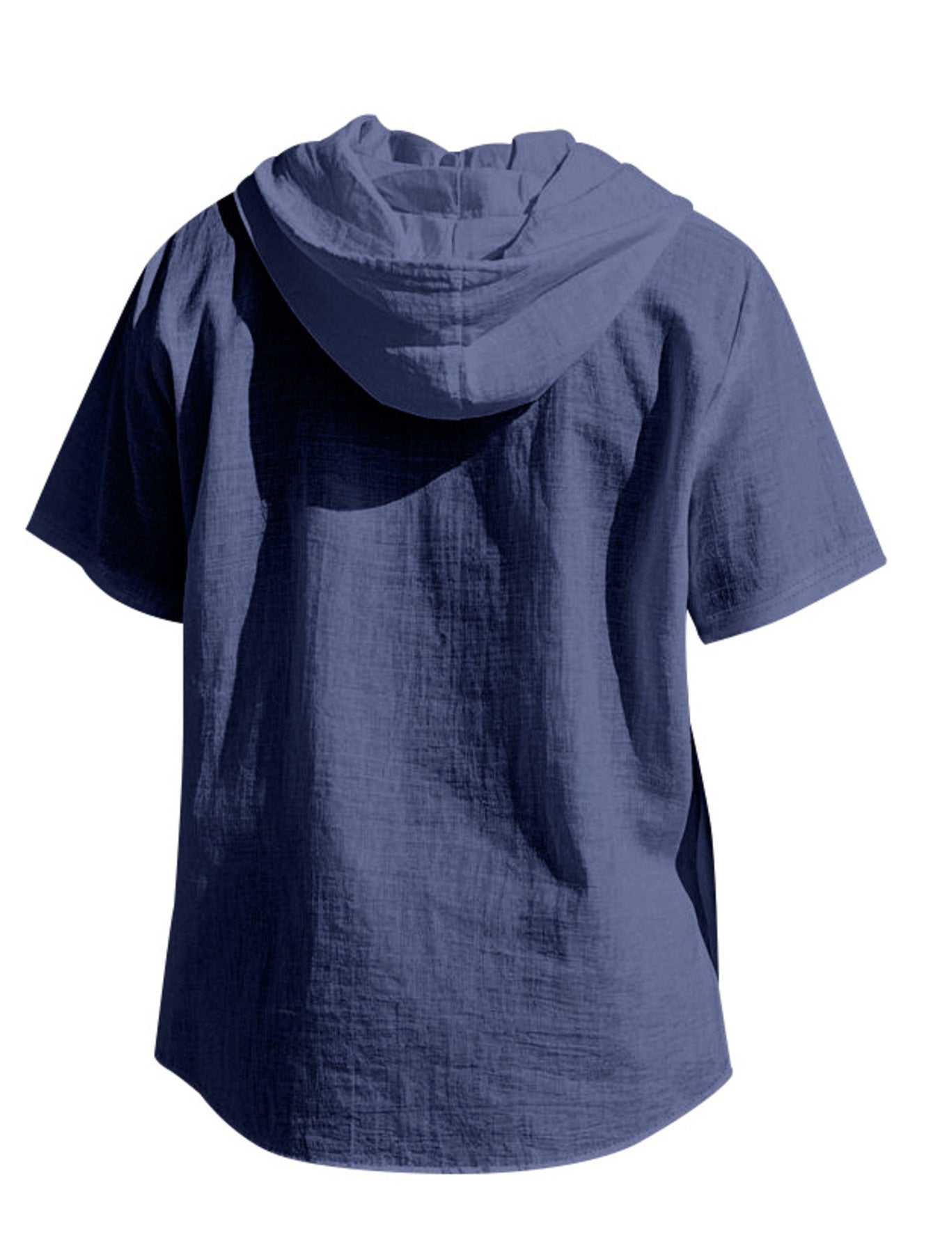 Navy blue short sleeve hooded shirt with textured cotton fabric.