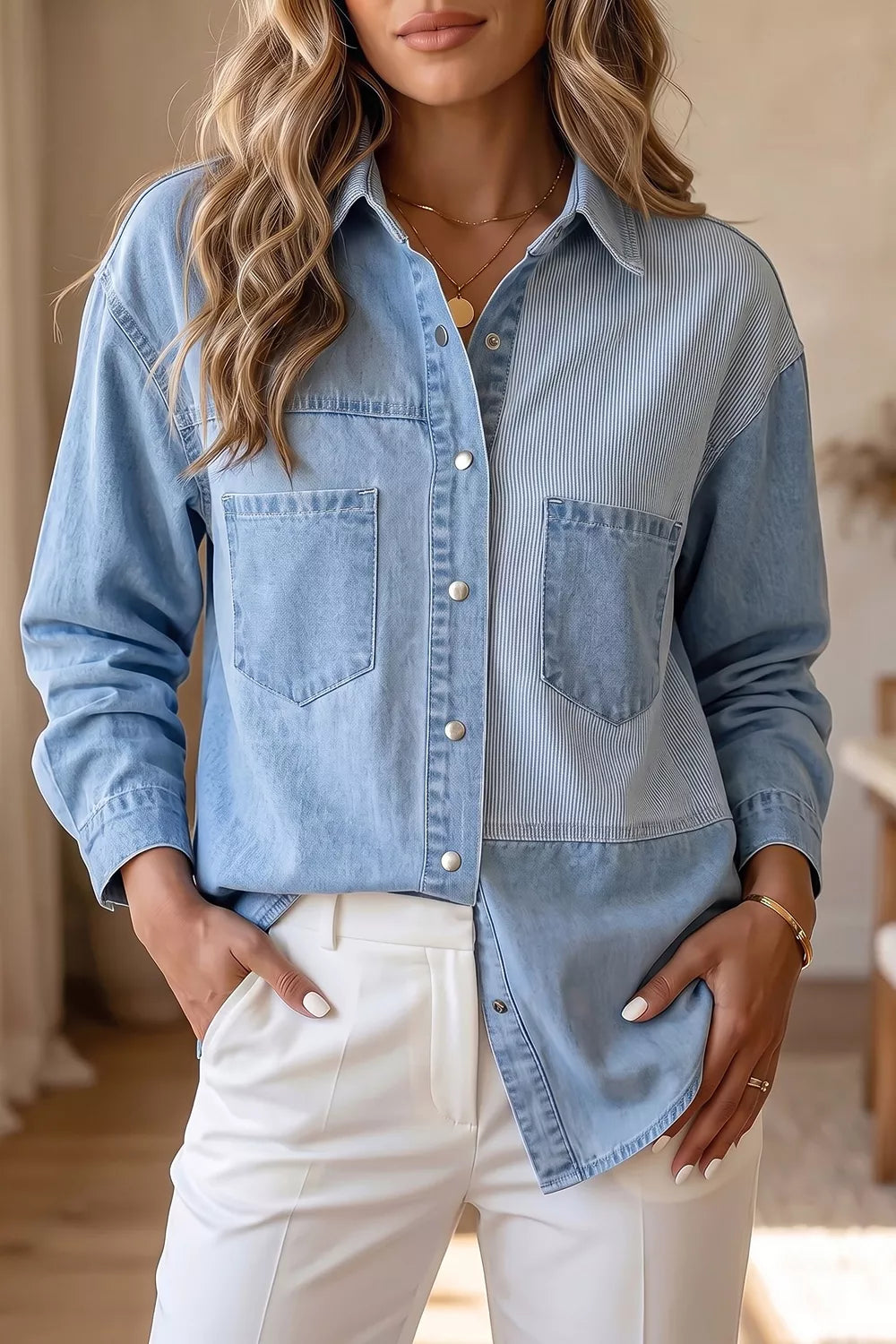 Light Blue Two-tone Denim Patchwork Shirt