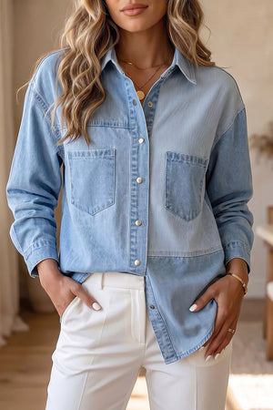 Light Blue Two-tone Denim Patchwork Shirt