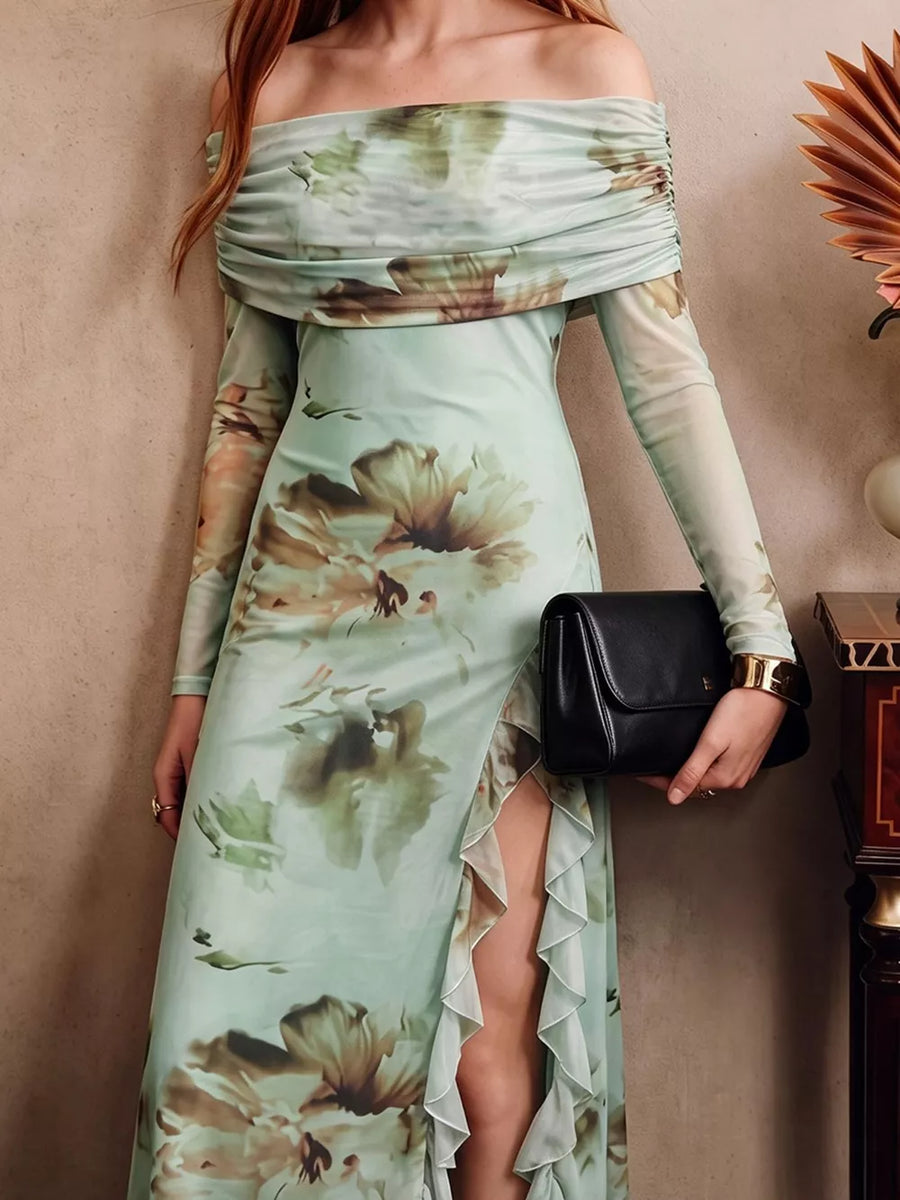 Floral with Ruffled Slit Off Shoulder Maxi Dress