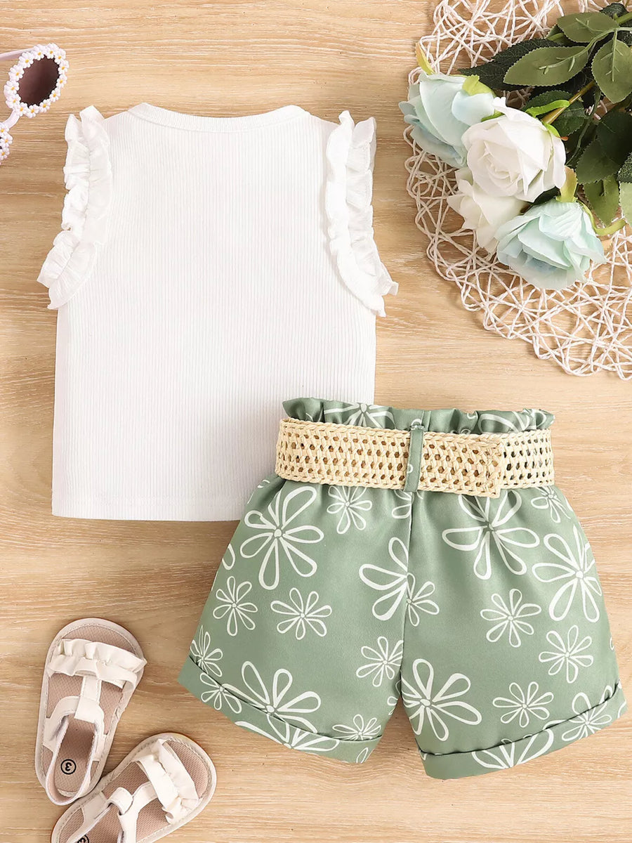 White with Children's Frill Sleeveless Top And Belt Shorts Set
