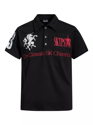 Black cotton polo shirt with embroidered unicorn and text details