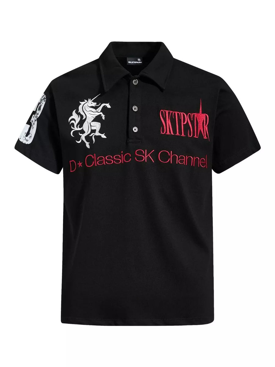 Black cotton polo shirt with embroidered unicorn and text details