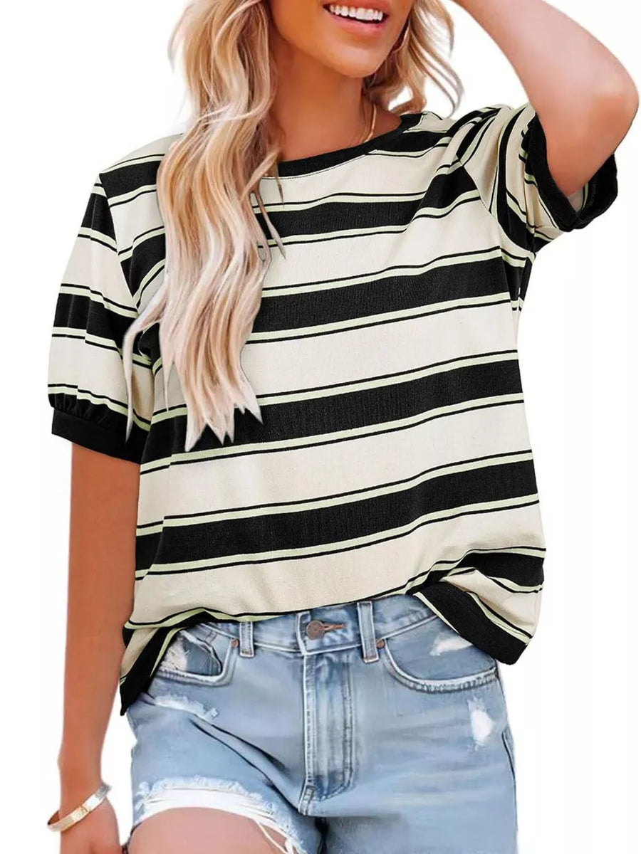 Classic striped crew neck tee in black and cream with short sleeves and a relaxed fit.