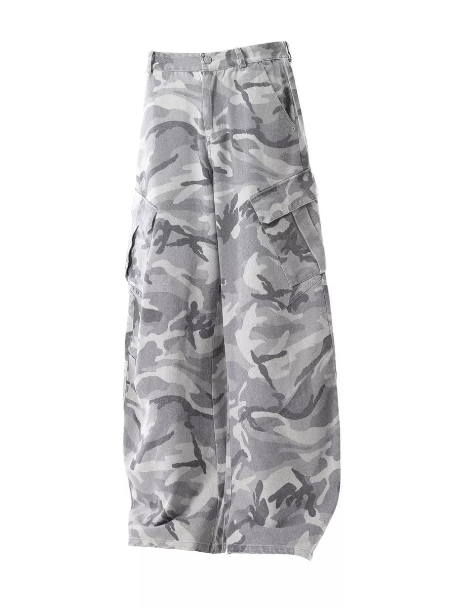 Baggy white camouflage cargo pants with multiple pockets and button fly.