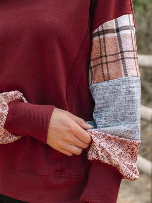 Plaid Colorblock Patchwork Sleeve Sweatshirt in Burgundy, view 12