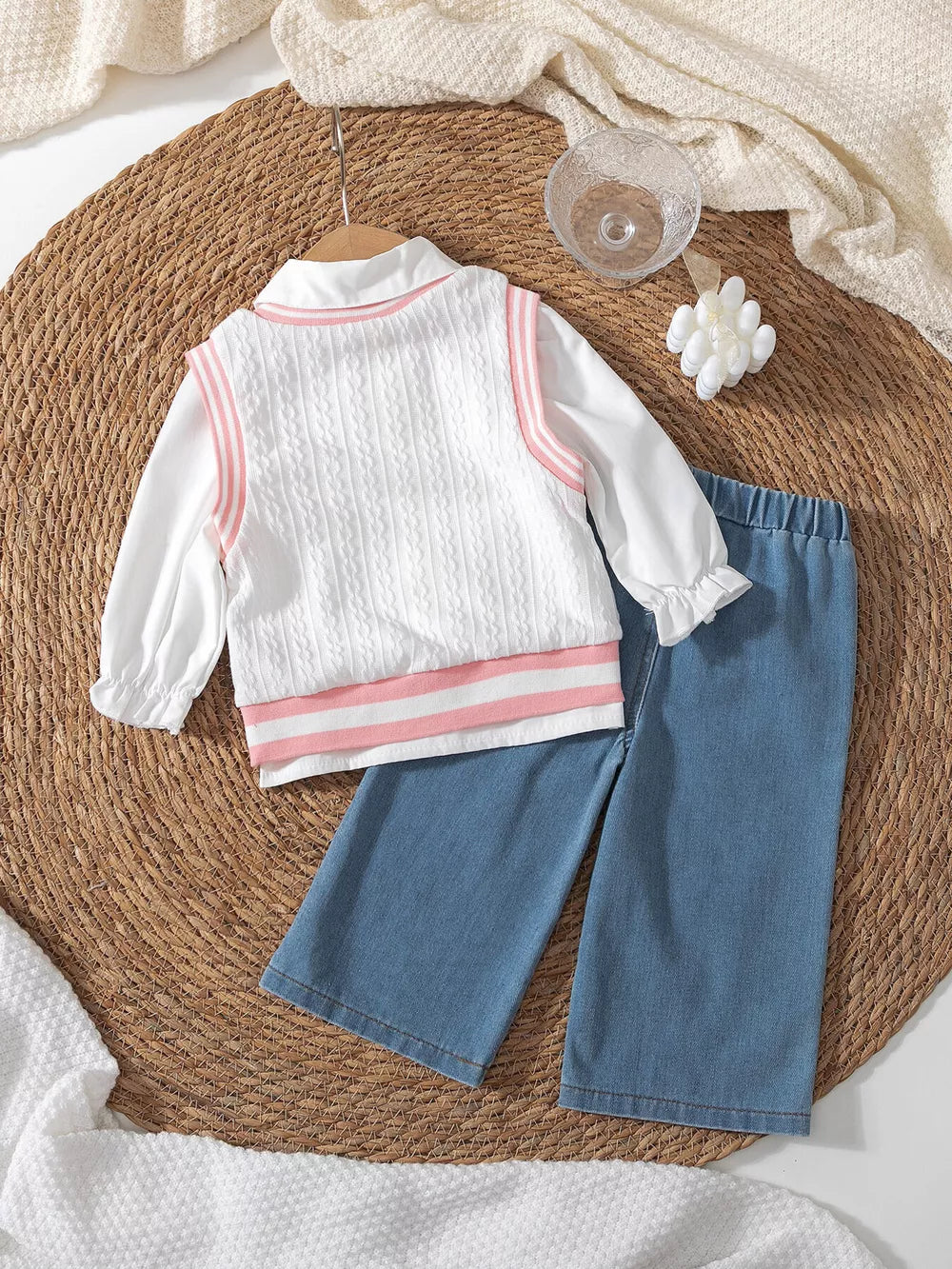 Children's Long Sleeve Shirt & Knit Vest And Jeans Set option 7