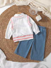 Children's Long Sleeve Shirt & Knit Vest And Jeans Set option 7