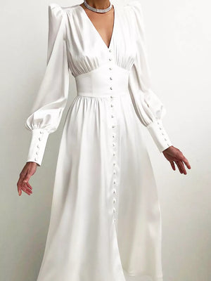 Purple Elegant V-neck Puff Sleeve Button-down Midi Dress