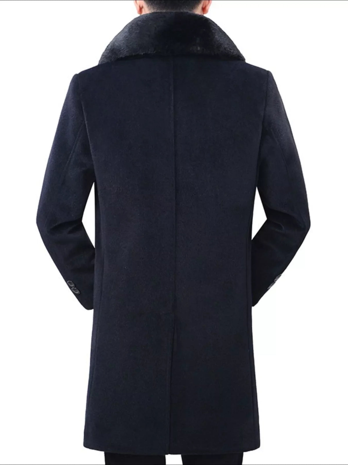 Men's navy blue overcoat with a black fur collar and buttoned cuffs.