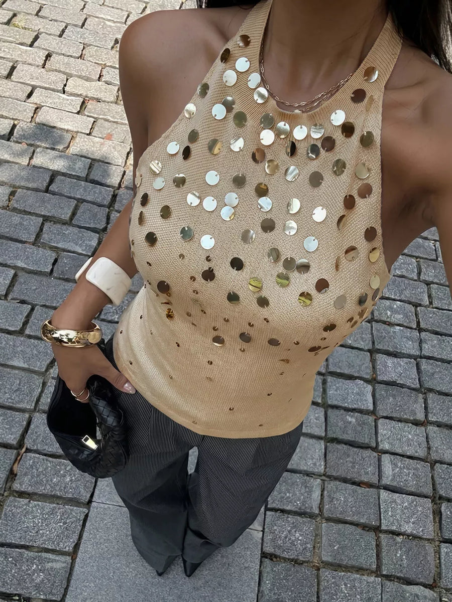 Gold with Sequin Halter Neck Cami in Gold