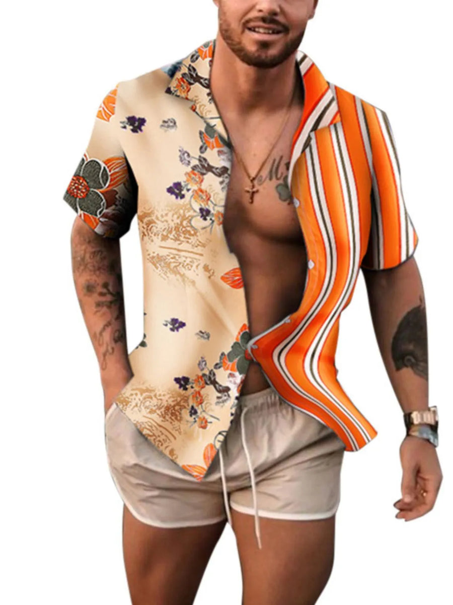 Split-panel resort shirt with floral and stripe patterns in tangerine.