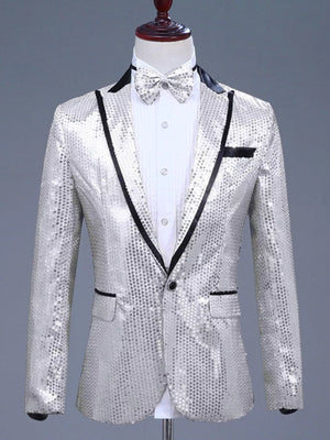Men's Silvery White Sequin One Button Blazer with black lapel trim and bow tie.