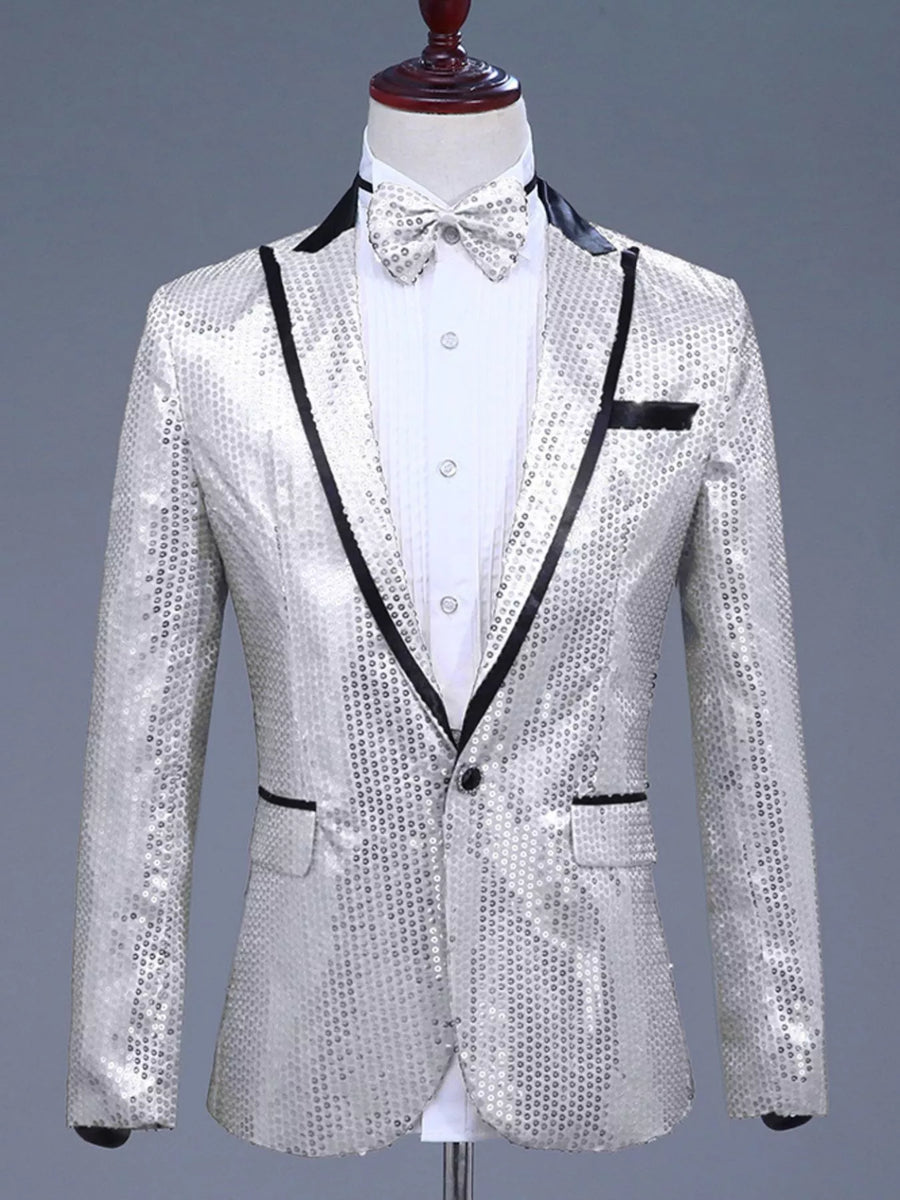 Men's Silvery White Sequin One Button Blazer with black lapel trim and bow tie.