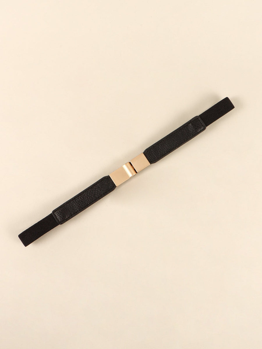Black elasticated belt with leather detail and gold buckle