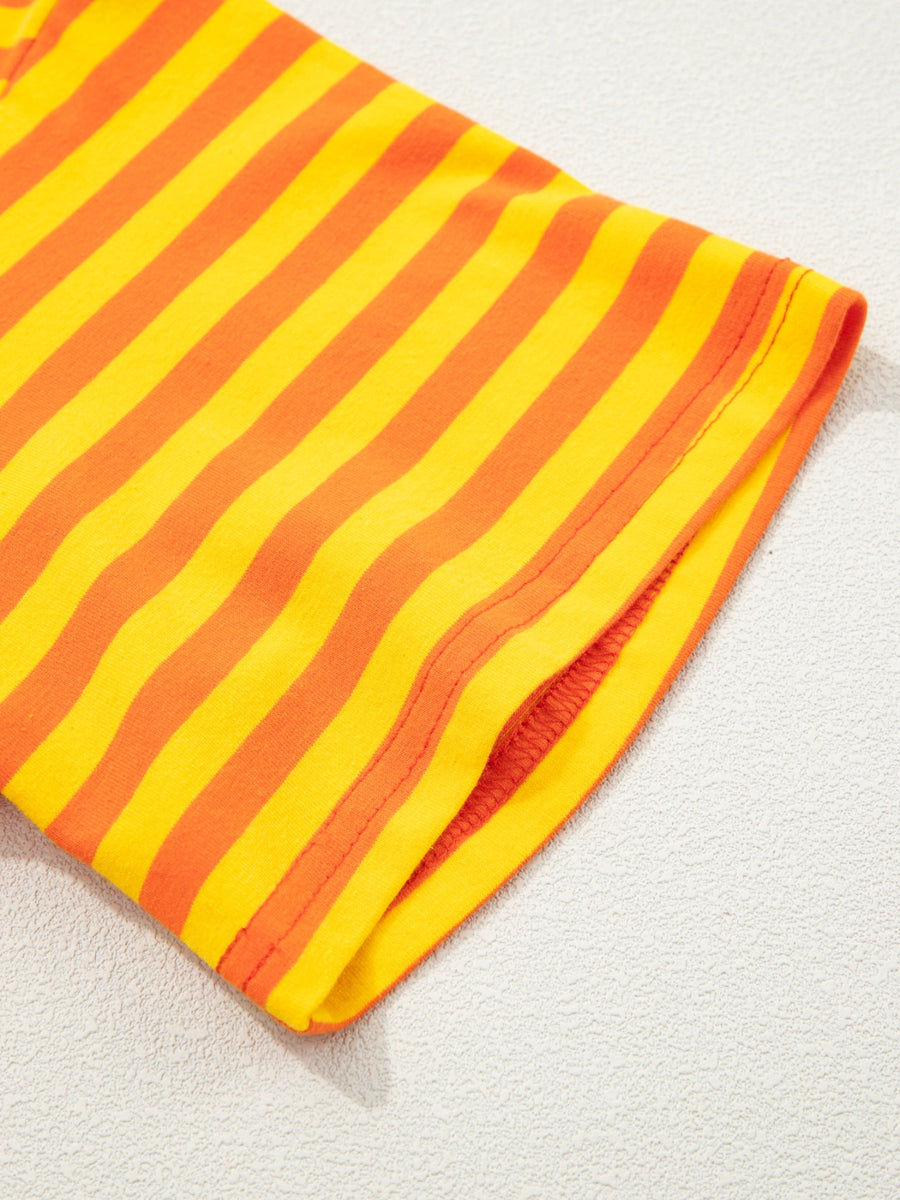 Tangerine and yellow striped cotton t-shirt with elastane, showing sleeve detail.