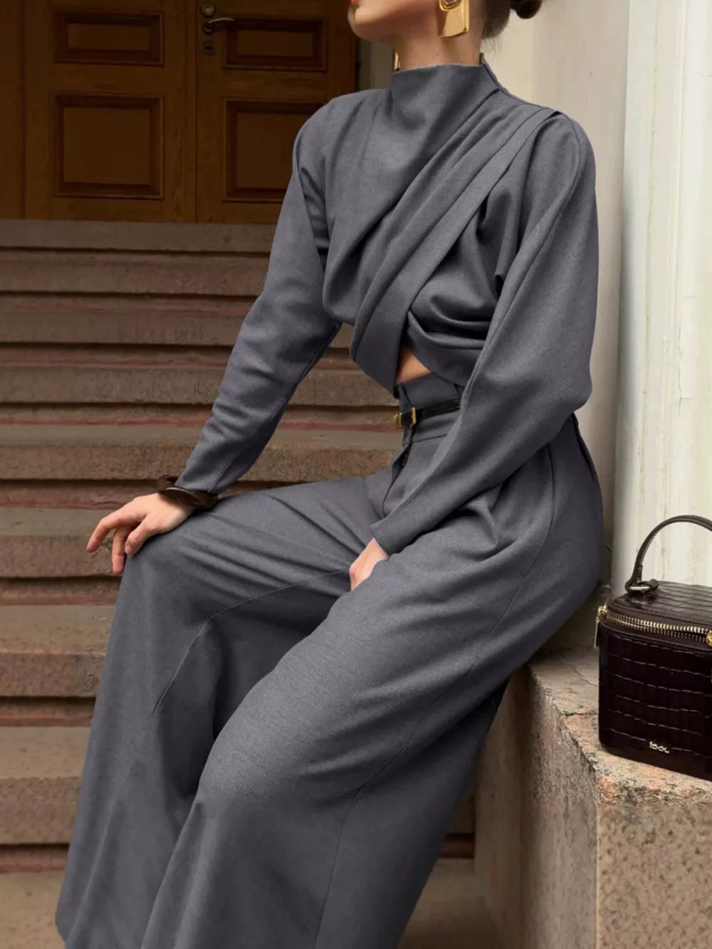 two-piece set in charcoal featuring tied and relaxed fit