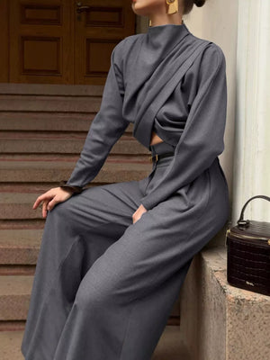 two-piece set in charcoal featuring tied and relaxed fit