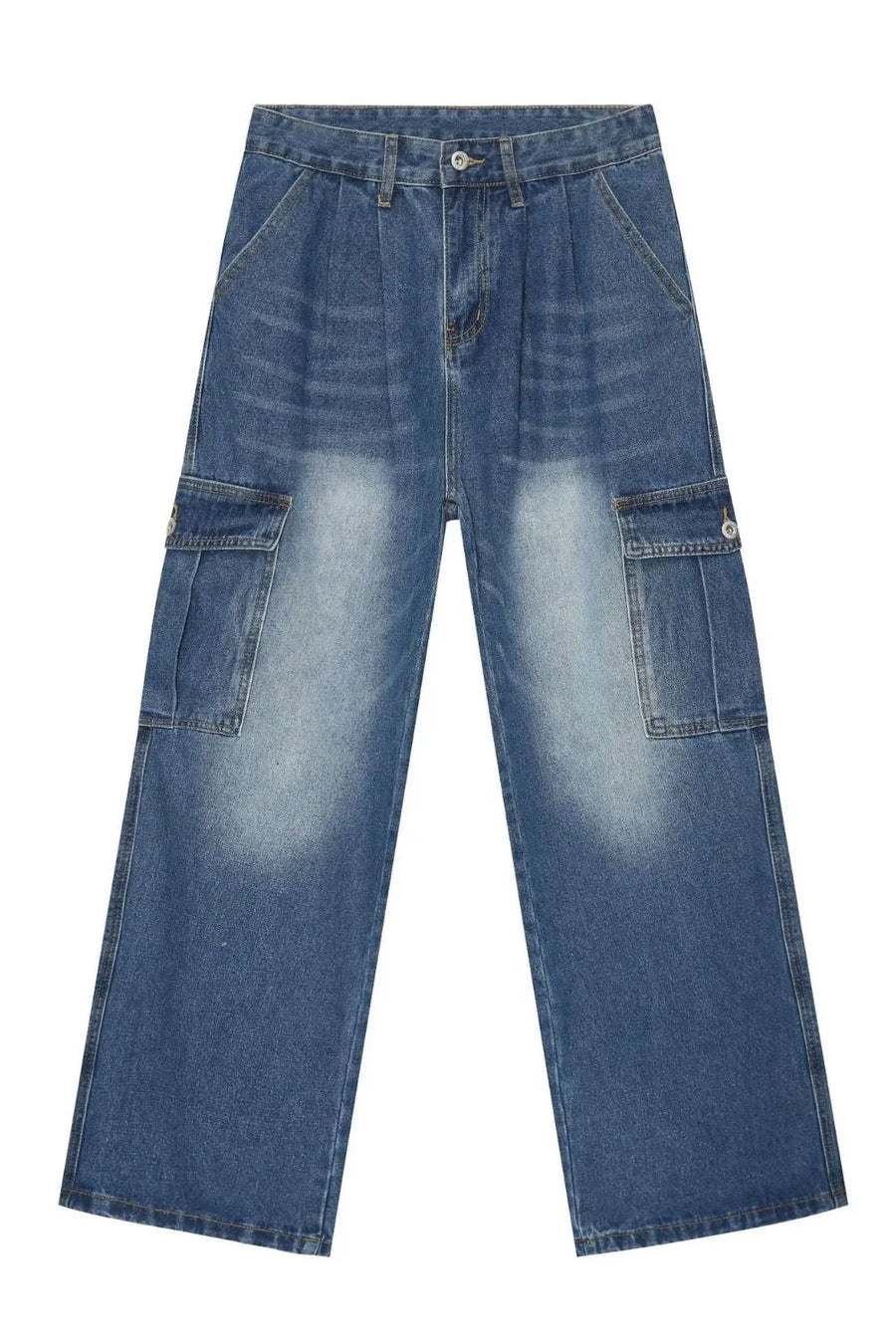 Faded denim cargo pants in medium wash with pleated front and button flap pockets.