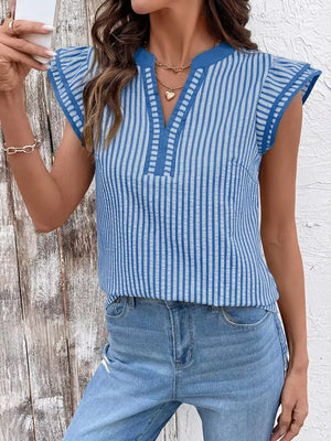 Blue vertical stripe blouse with ruffle sleeves and V-neck