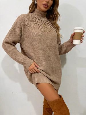 White Full Size Turtleneck Fringe Sweater Dress