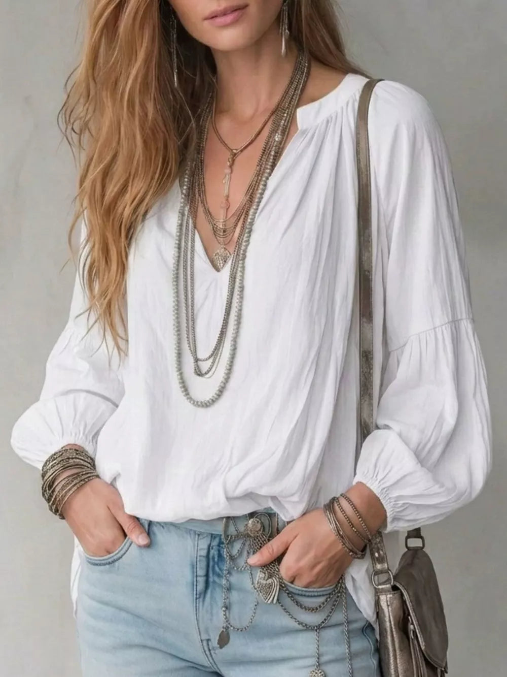 Light Blue Notched Balloon Sleeve Blouse