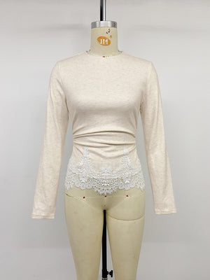 Light beige long sleeve top with white lace trim