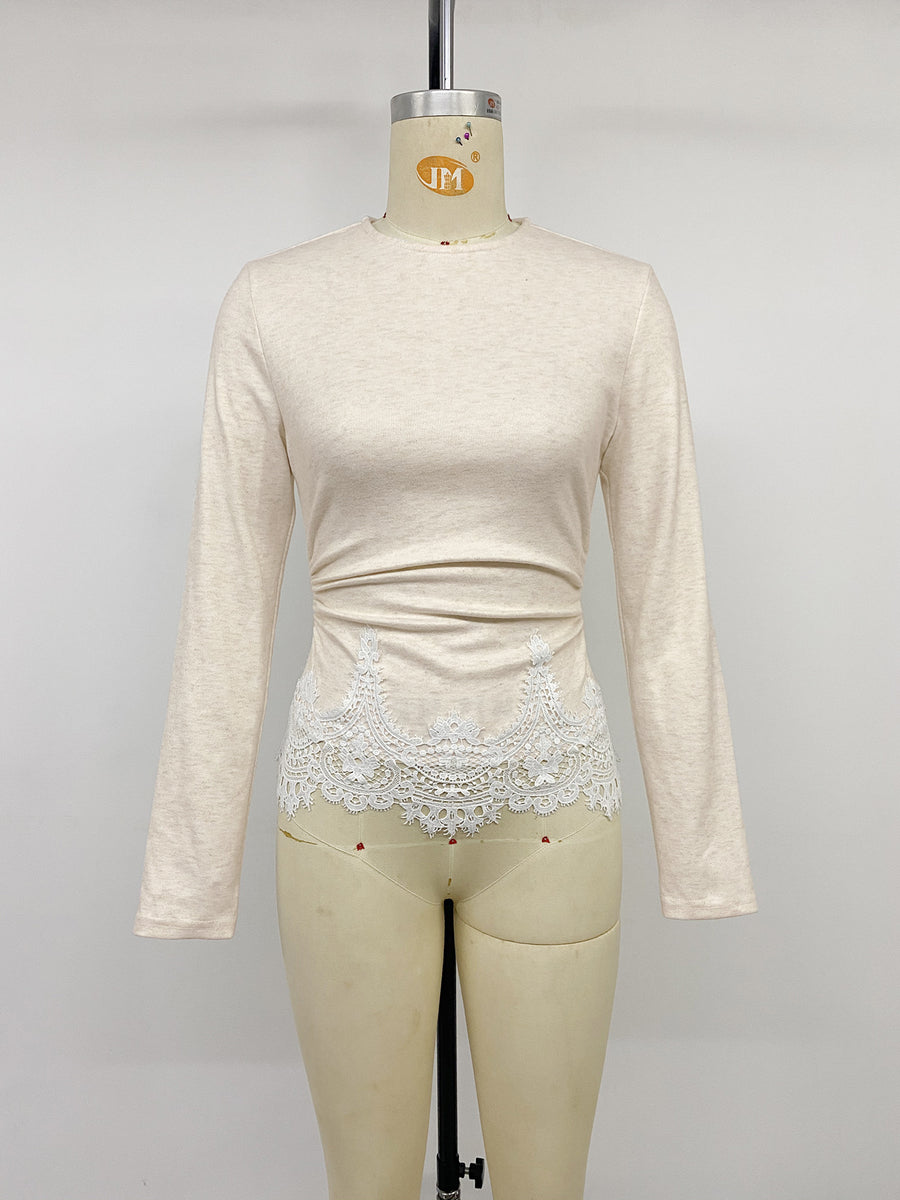 Light beige long sleeve top with white lace trim