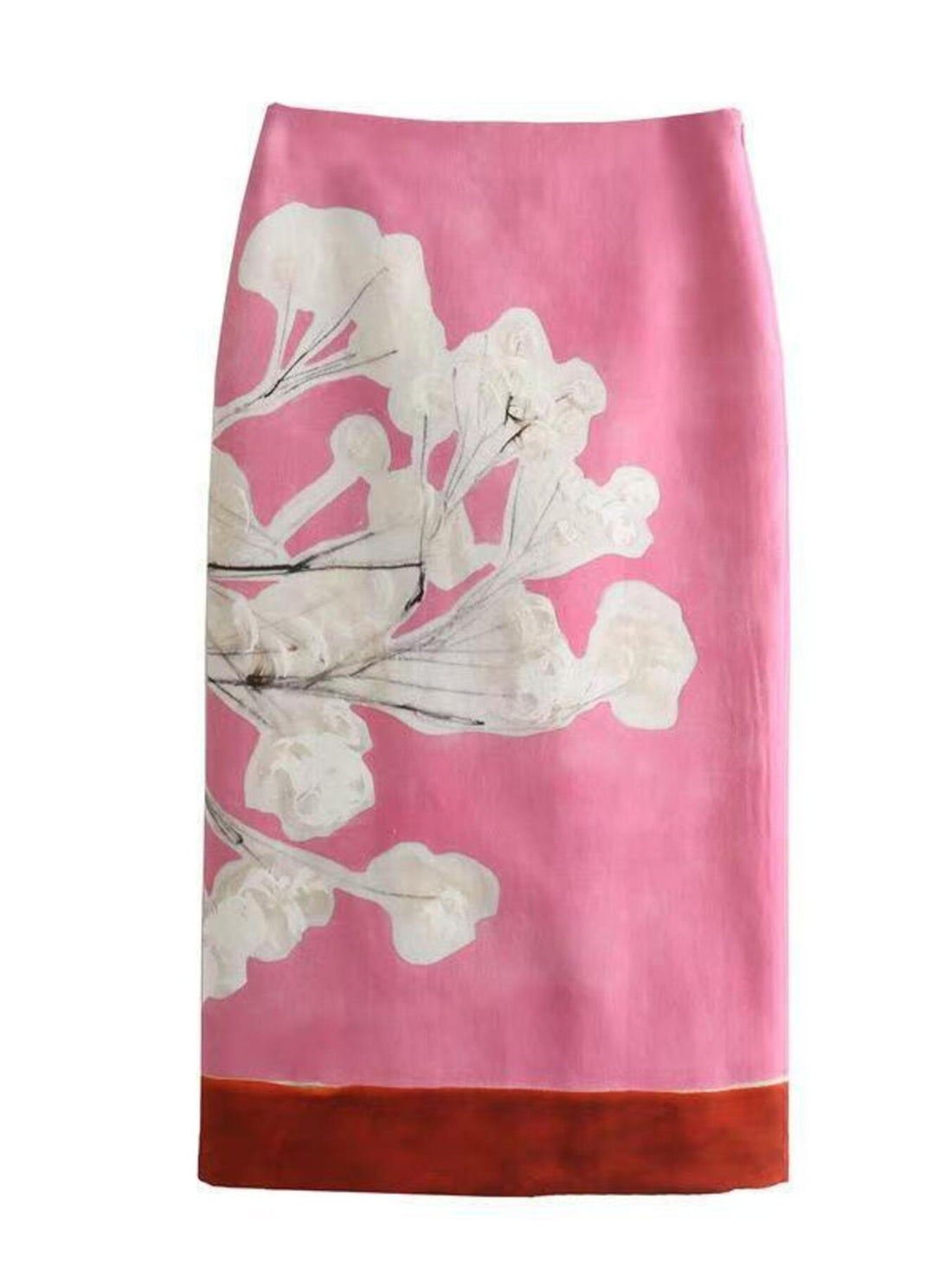 Vibrant floral print pencil skirt in pink with abstract white flowers and a rust hem.