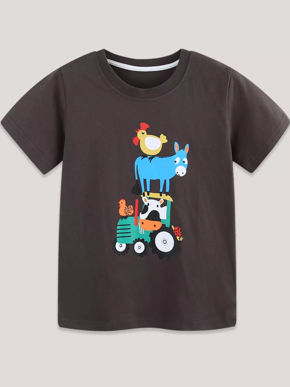 Brown cotton t-shirt with playful farm animal tractor graphic for babies.
