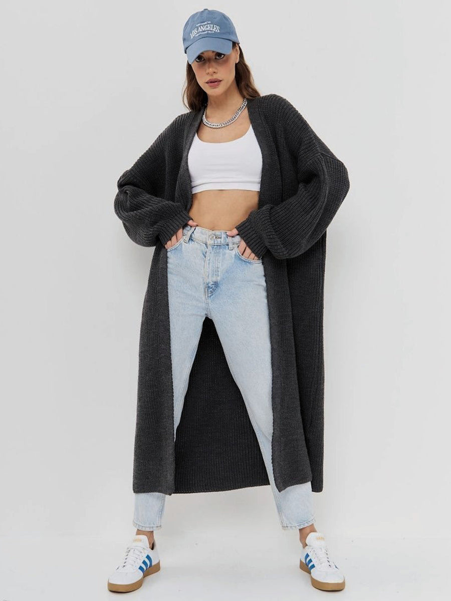Oversized charcoal gray ribbed knit maxi cardigan with open front and balloon sleeves.