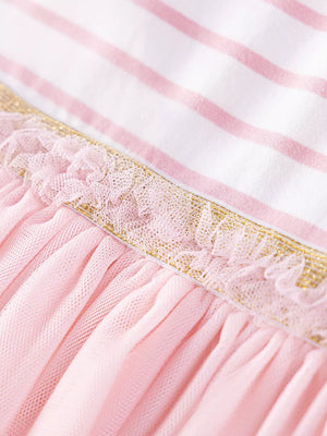 Pink tulle skirt with gold trim and pink striped top.