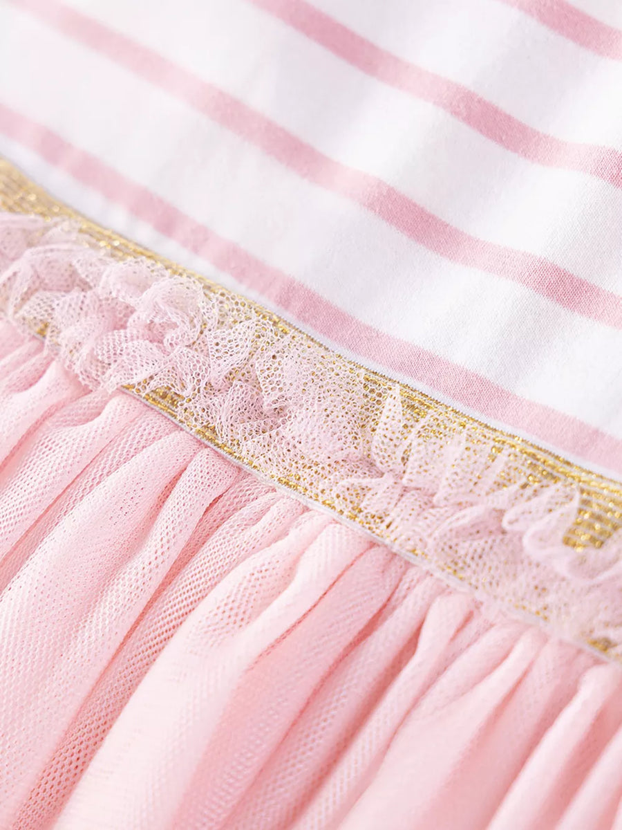 Pink tulle skirt with gold trim and pink striped top.