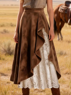 Brown asymmetrical midi skirt with lace underlay and ruffled detail