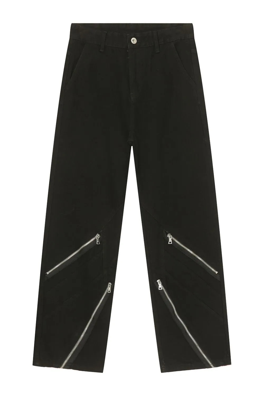 Black straight leg jeans with multiple diagonal zipper details on the legs.