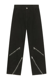 Black straight leg jeans with multiple diagonal zipper details on the legs.