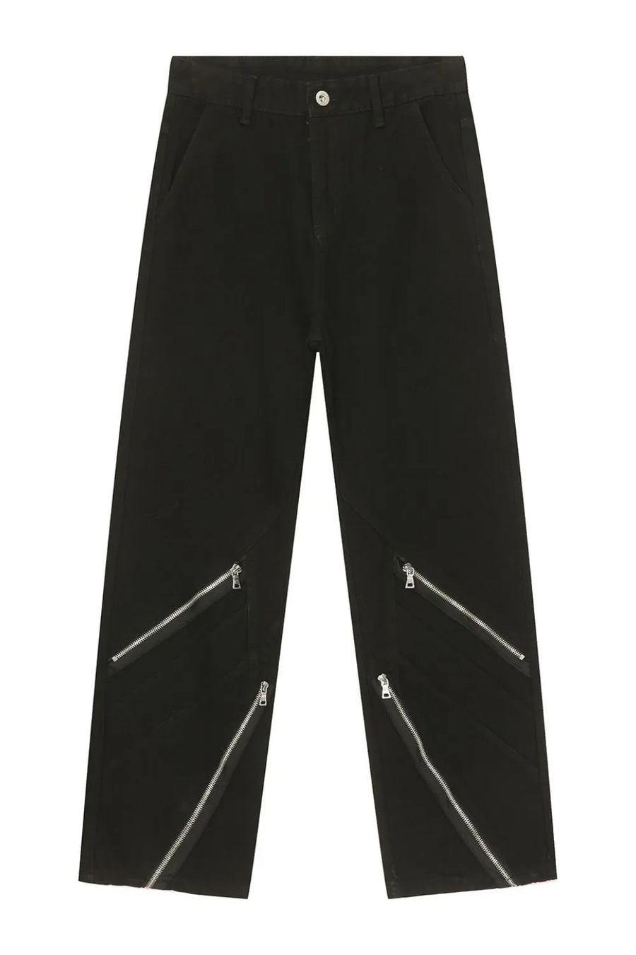 Black straight leg jeans with multiple diagonal zipper details on the legs.