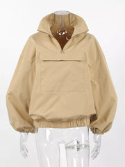 Quarter Zip Front Flap Pocket Top in Khaki with drawstring