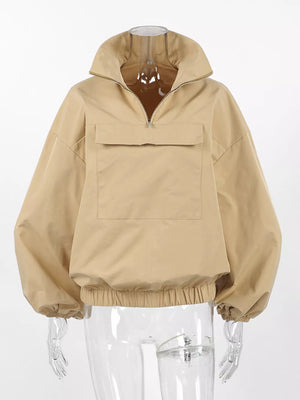 Quarter Zip Front Flap Pocket Top in Khaki with drawstring