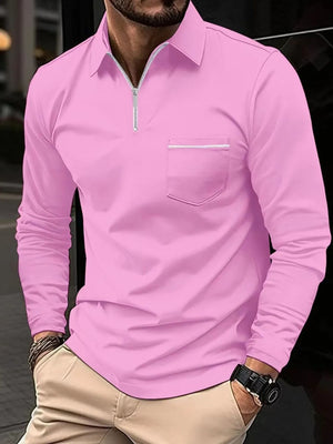 Pink zip-front long sleeve polo shirt with contrast pocket detail