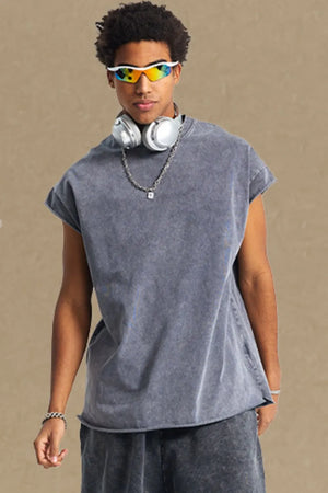Gray acid wash boxy muscle tee with raw hem and short sleeves.