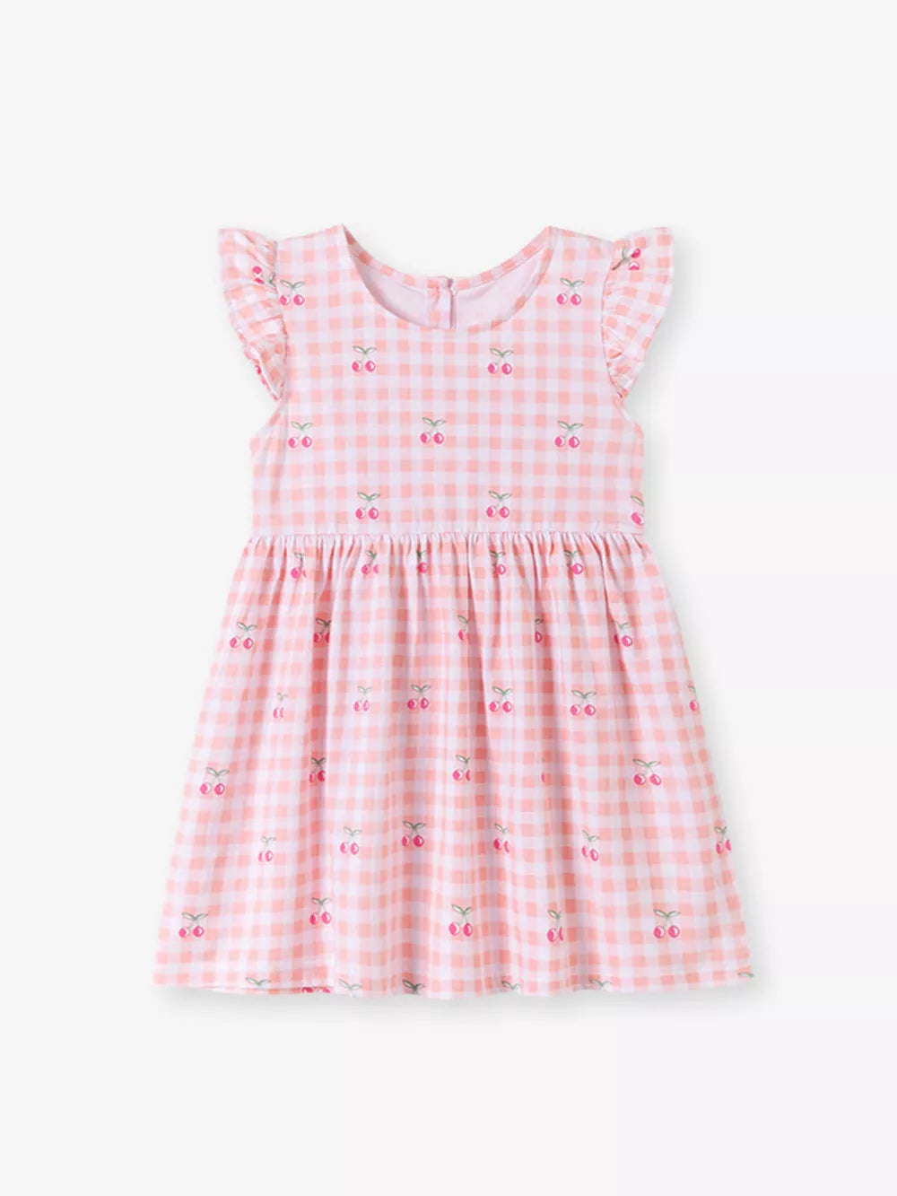 Pink gingham baby dress with cherry embroidery and ruffle sleeves.