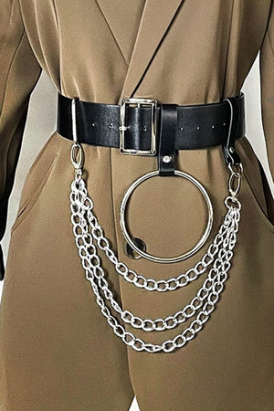 Black leather belt with silver ring and chain details