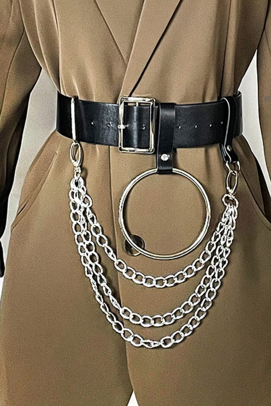 Black leather belt with silver ring and chain details