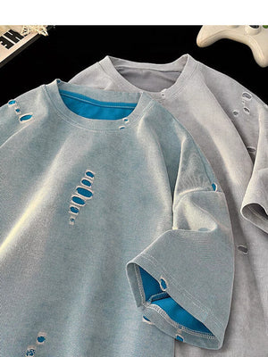 Men's oversized distressed t-shirt in Air Force Blue with ripped details and blue lining.
